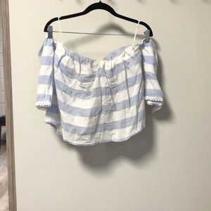 Strapless blue/white striped top off the shoulder sleeve white embroidered trim